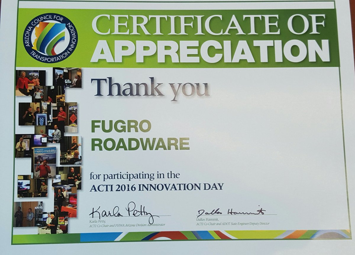 mmmrobson's tweet image. Arizona Council for Transportation Innovation recognizing @FugroRoadware contributions to the # highway #pavementmanagers role in transpo.