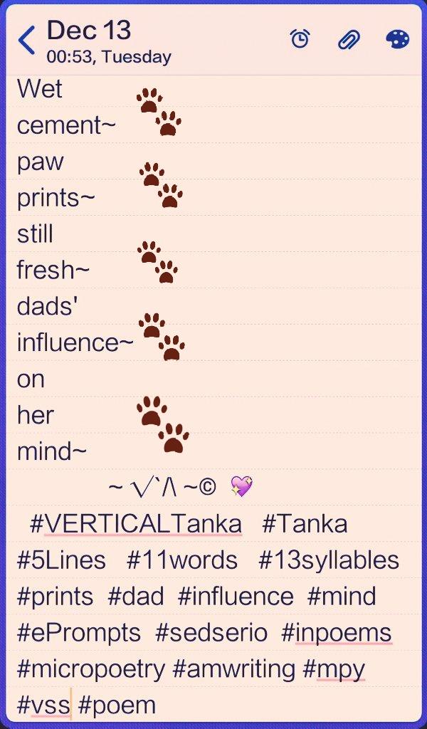 Mona_adorable's tweet photo. #VERTICALTanka #Tanka #5Lines #11words #13syllables #prints #dad #influence #mind #ePrompts #sedserio #inpoems #micropoetry #amwriting #vss https://t.co/EL6okBPsdE