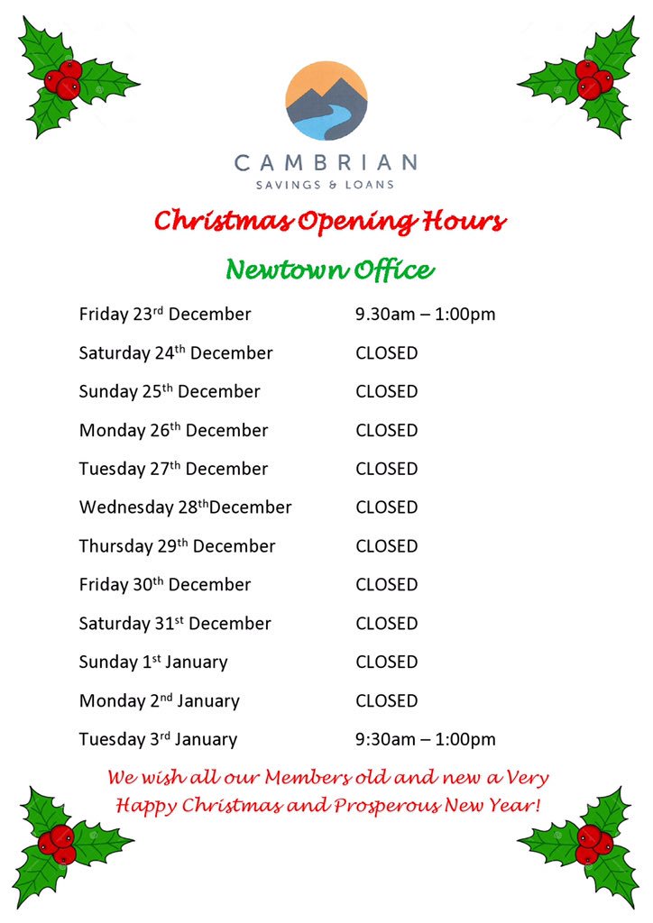 Hello <a href="/powyshour/">Powyshour</a> just a couple of things we'd like RT'ing tonight please!!! Firstly.. our Newtown Office Christmas opening hours. 🎄☃️🎅🏼❄️