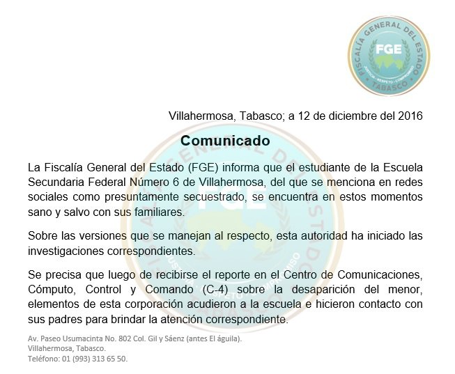 #ComunicadoFGE sobre el estudiante de la Escuela Secundaria Federal número 6 de Villahermosa