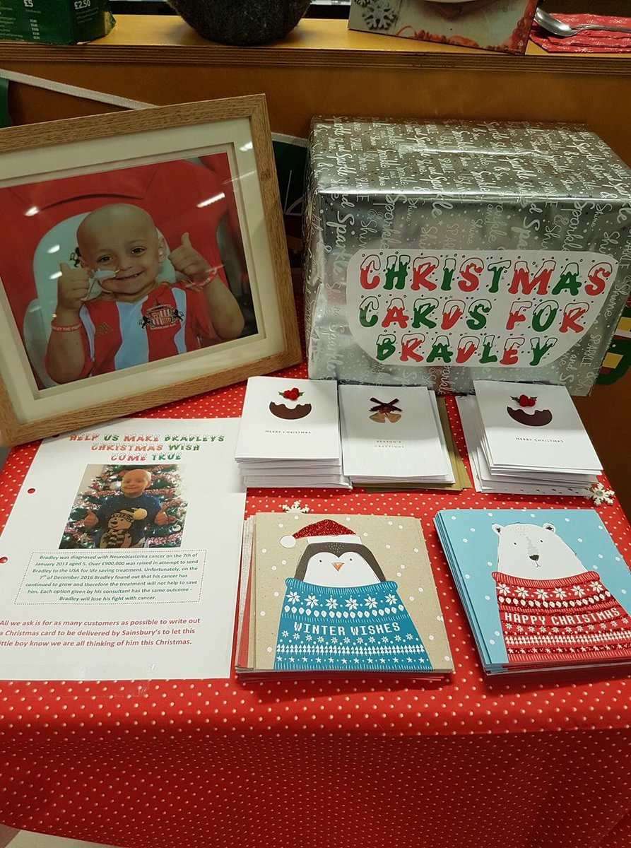 Emoth94's tweet photo. While in @sainsburys Sunderland North why not fill in a card for Bradley to fulfill his final Christmas wish! #N04 #bradleysfight https://t.co/TC6h8LZnVy