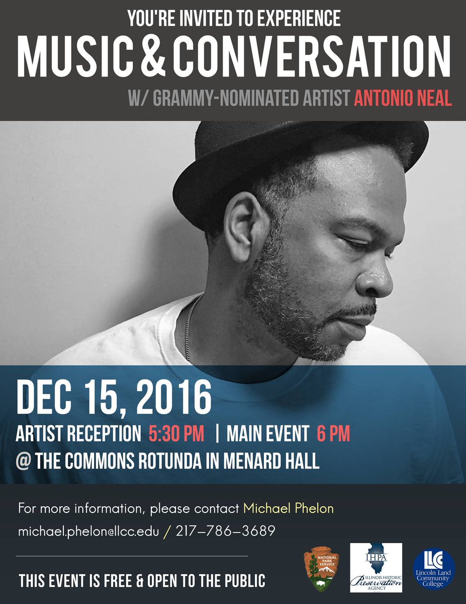 StudioCaffe's tweet photo. Join @AntonioNeal THIS Thursday, for the Music & Conversation event! #IAmAmerica #SpringfieldIL #MusicandConversation #Dec15 https://t.co/fTjcNMnjG1