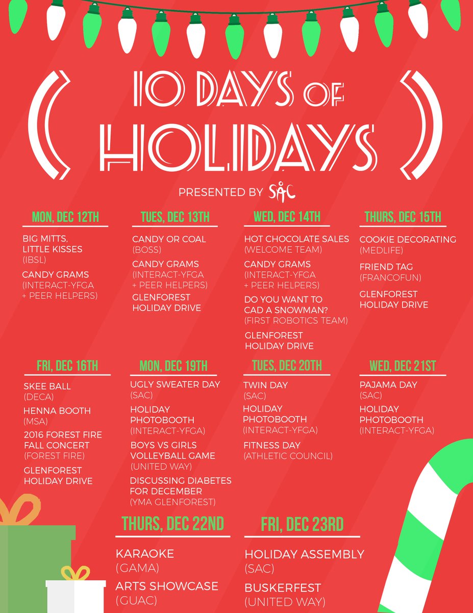 GlenforestSAC's tweet photo. Hey Gryphons! Here is the calendar/schedule for the 10 days of Holidays! https://t.co/uz7WZUJAI4