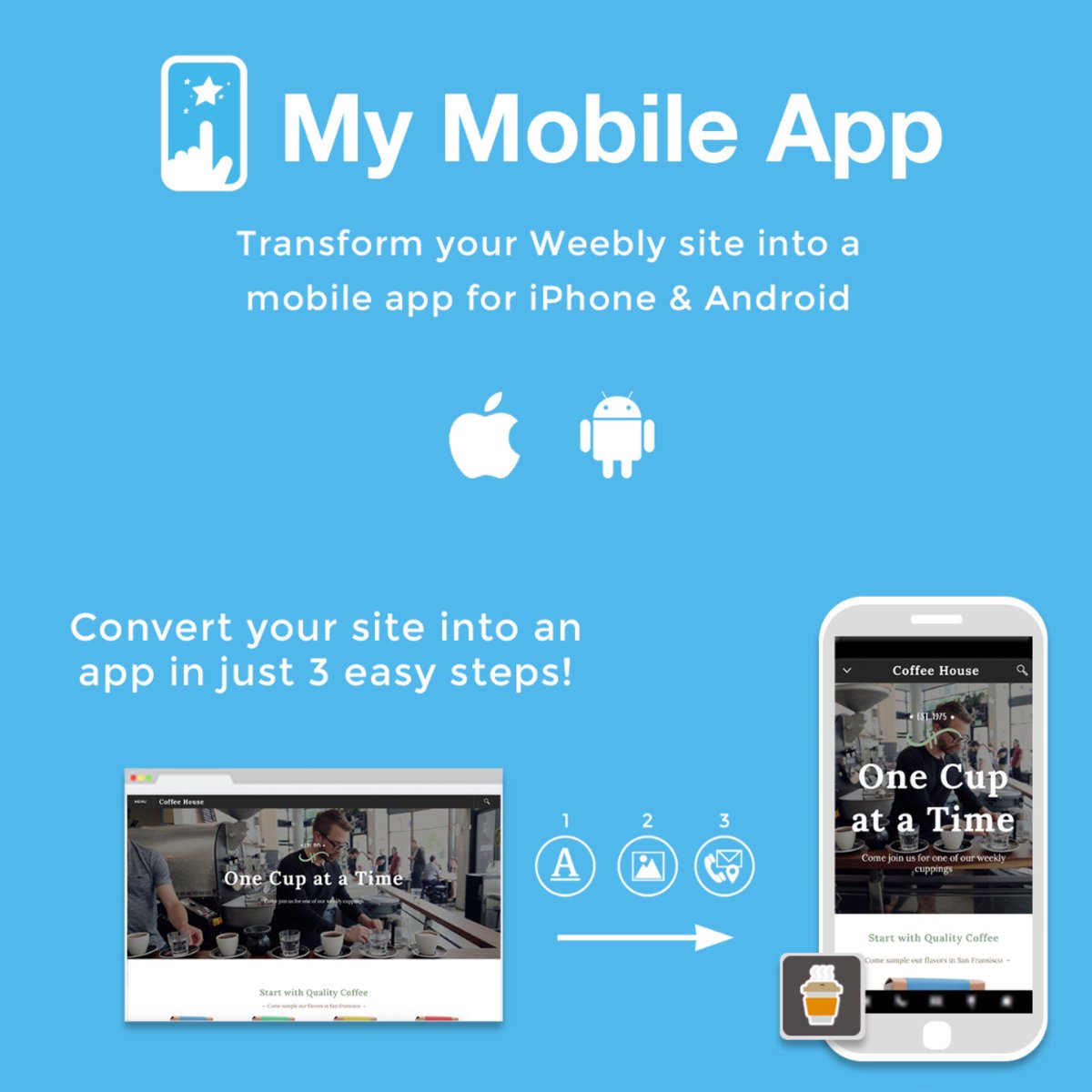 My_Mobile_App's tweet photo. Transform your  @weebly site into a app in 3 steps giving customers an amazing experience on their phone https://t.co/BTzFYcualm #Weebly https://t.co/dV2D5p0kbf