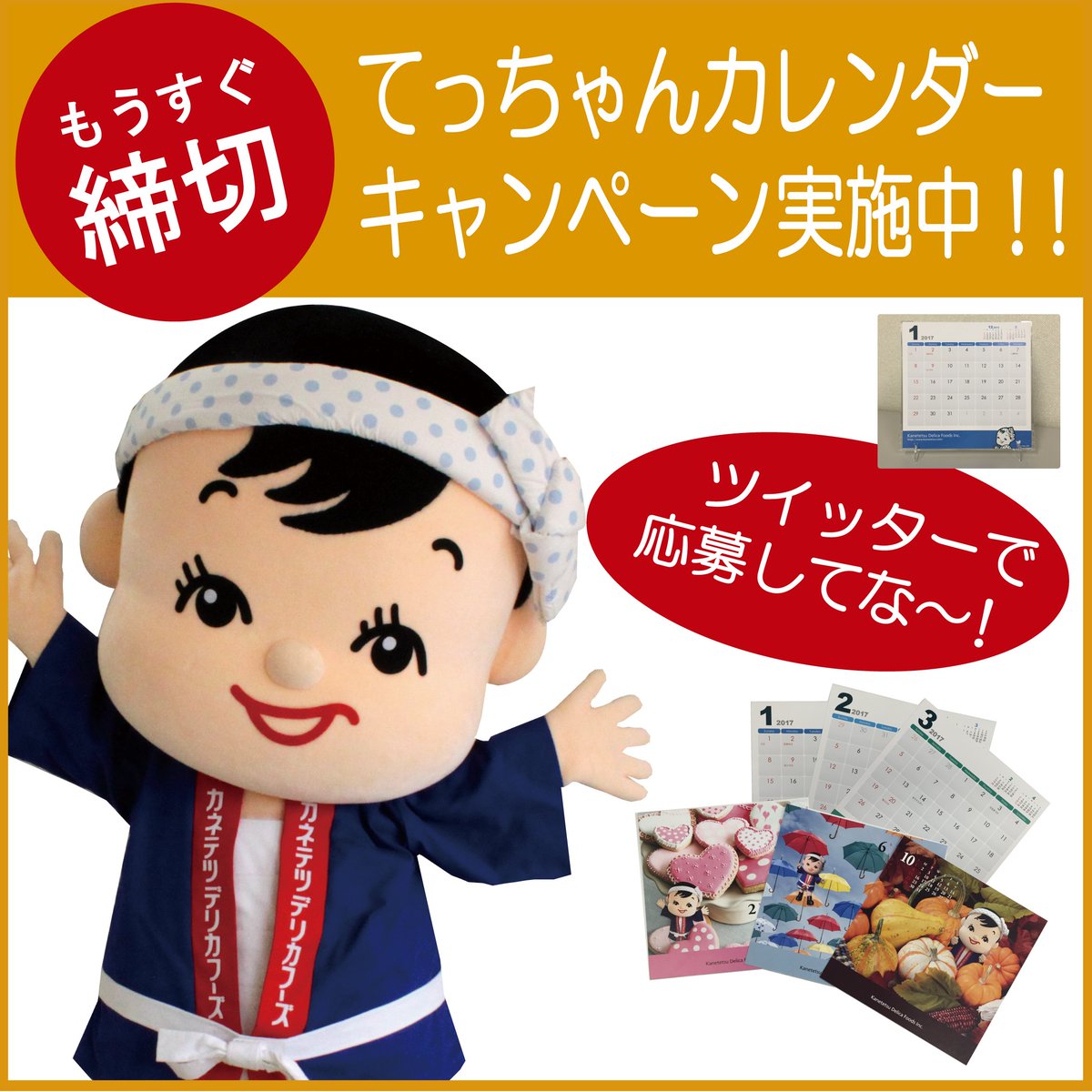 てっちゃん 17卓上カレンダーキャンペーン実施中 まいど てっちゃんです みんな もう応募してくれた ボクもりもりの カレンダーが当たるキャンペーン締切間近やで 応募締切は12月16日 金 ダイレクトメッセージで応募してな 詳しくは