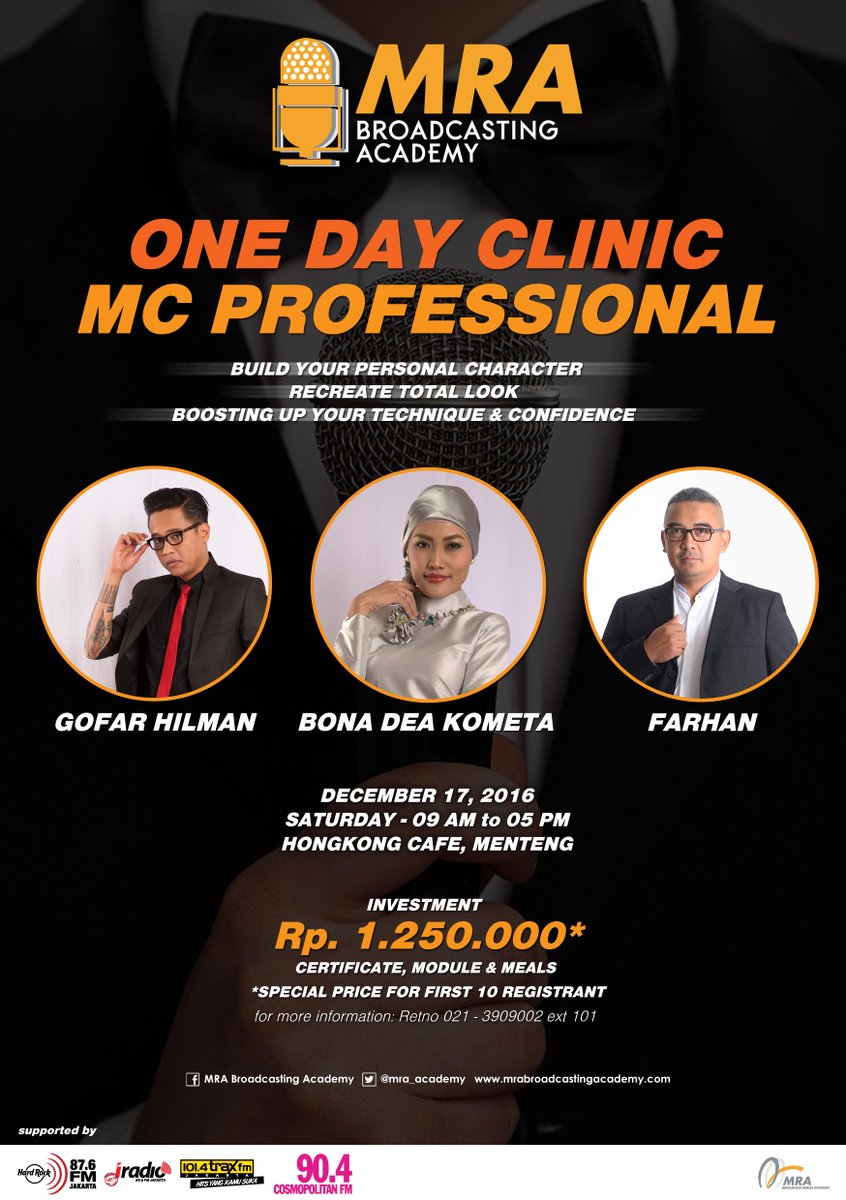 Mau jd MC Professional spt <a href="/bonadeakometa/">Bona Dea Kometa</a> &amp; <a href="/farhanpenyiar/">H M Farhan</a>? Yuk daftar ke One Day Clinic MC Professional bersama <a href="/MRA_Academy/">MRA Broadcasting Academy</a>, 17 Des'2016.
