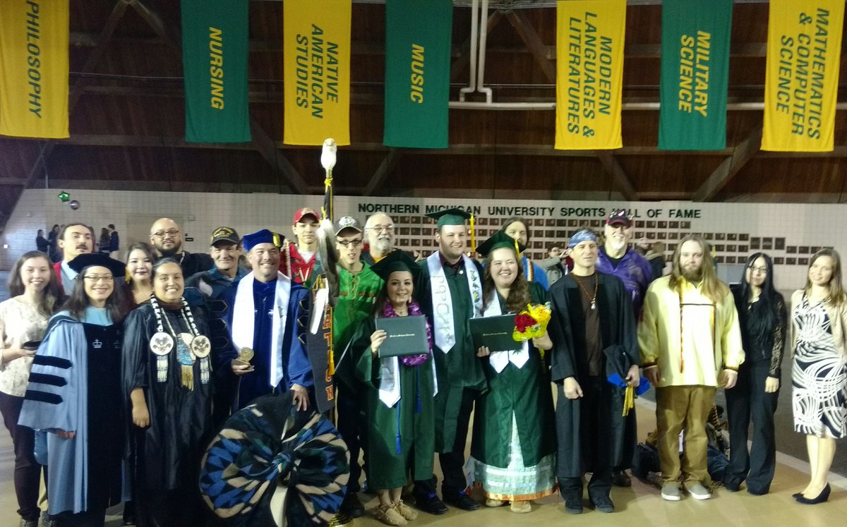 AprilELindala's tweet photo. @NMU_CNAS special day last Sat. First 3 NAS major grads. TEDNA eagle staff. Morning Thunder singers sang honor song. #StandwithNativeStudies https://t.co/IgTPga7TBY