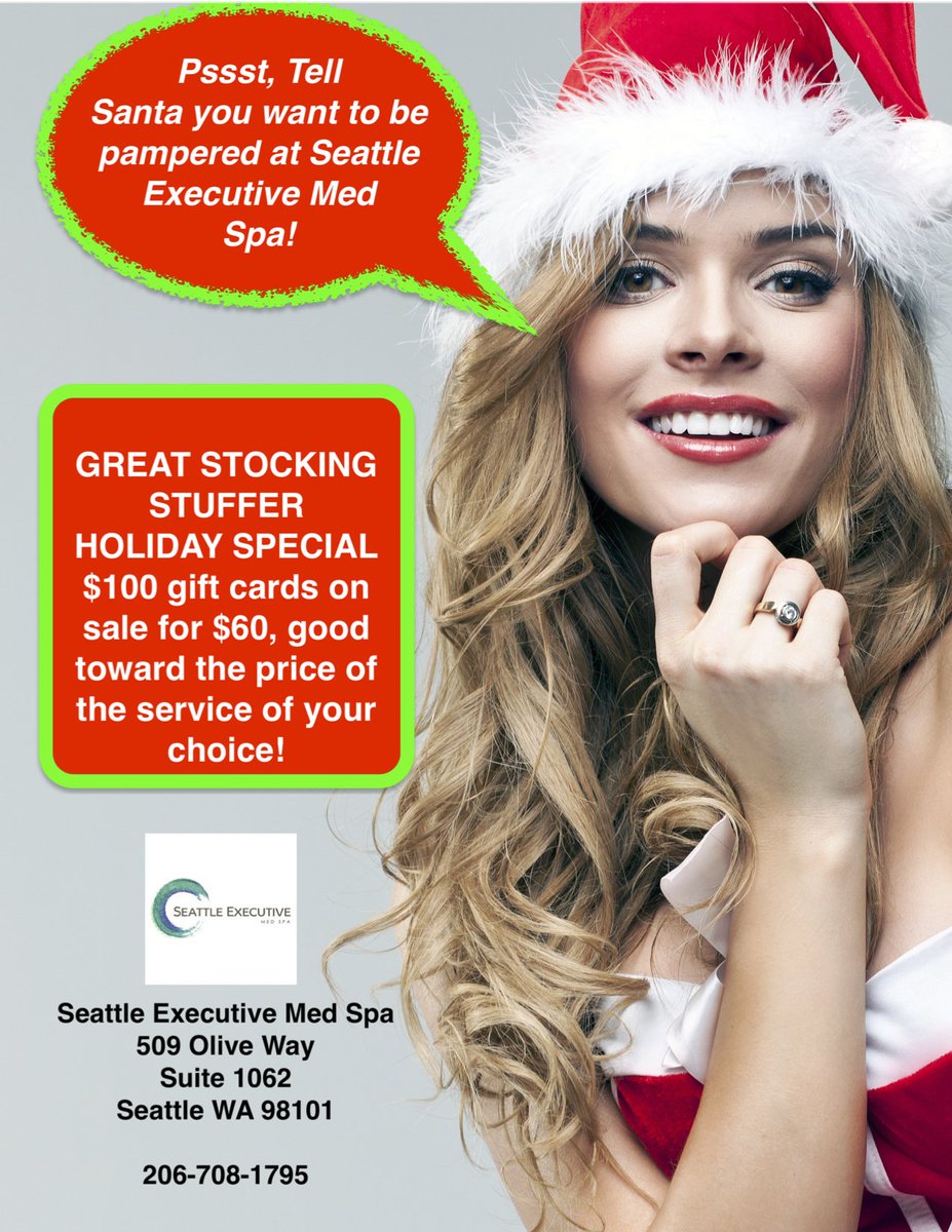 SeattleExeSpa's tweet photo. Holiday Special at Seattle Executive Med Spa, $100 gift card for $60, Highly recommended by Santa as a stocking stuffer! #xmas #gift #santa https://t.co/6tgjkJNkjg
