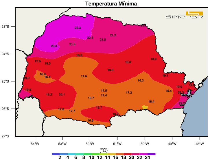 Temperaturas mais elevadas neste início de manhã no Estado. 
Menores valores do Paraná estão em 16 °C - registrado também agora em Curitiba