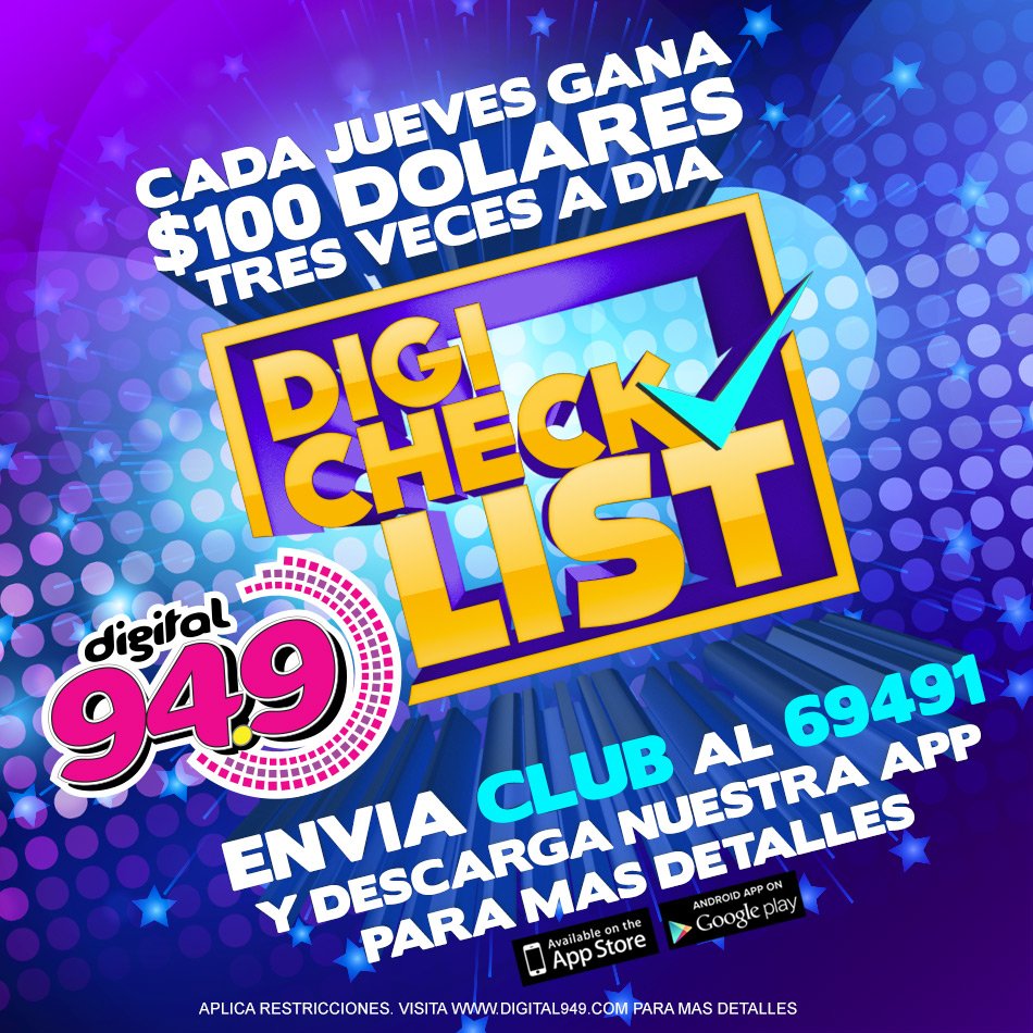 digital949's tweet photo. En Minutos damos a conocer la 2da palabra de la #DigiCheckList! Esta es la ultima semana, escuchanos en el App para ganar cientos de dolares https://t.co/mUZ0UDtZGN