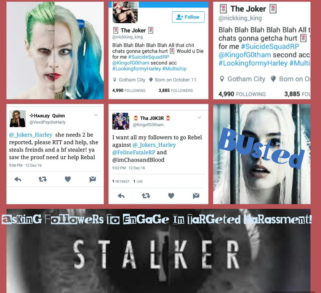 #Report <a href="/KingofG0tham/">Jo</a> @VexdPsychoHarly for #TargetedHarassment  and asking other RPers to engage in said harassment.