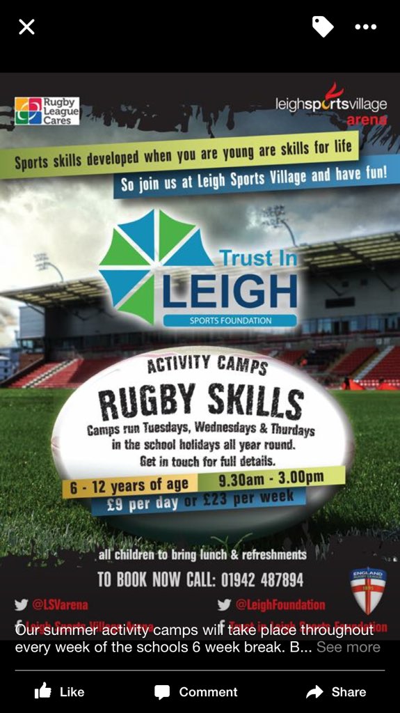 LeighFoundation's tweet photo. We will host an Xmas camp on Tues 3 Wed 4 &amp; Thurs 5 Jan @LSVarena. Schools Xmas holidays are later this time. Book now to secure ur place 🏉 https://t.co/KXaPUez5dD