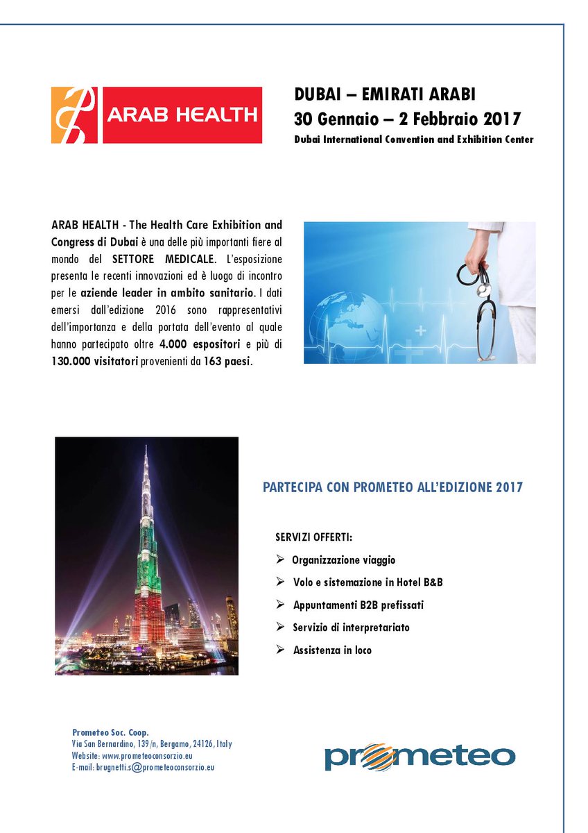 PrometeoConsorz's tweet image. Operi in ambito sanitario e vuoi esportare i tuoi prodotti? Partecipa con noi ad ArabHealth a Dubai. Info: brugnetti.s@prometeoconsorzio.eu