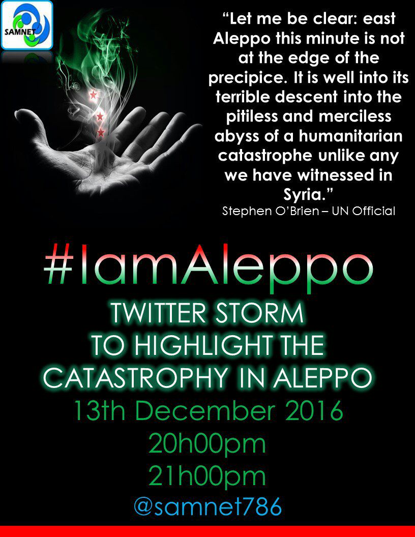 SAMNET786's tweet photo. LET HUMANITY BE YOUR CHARITY. JOIN THE TWITTER STORM TONIGHT 8-9 PM (GMT+2) #IAMALEPPO https://t.co/XyHL2Mw82L