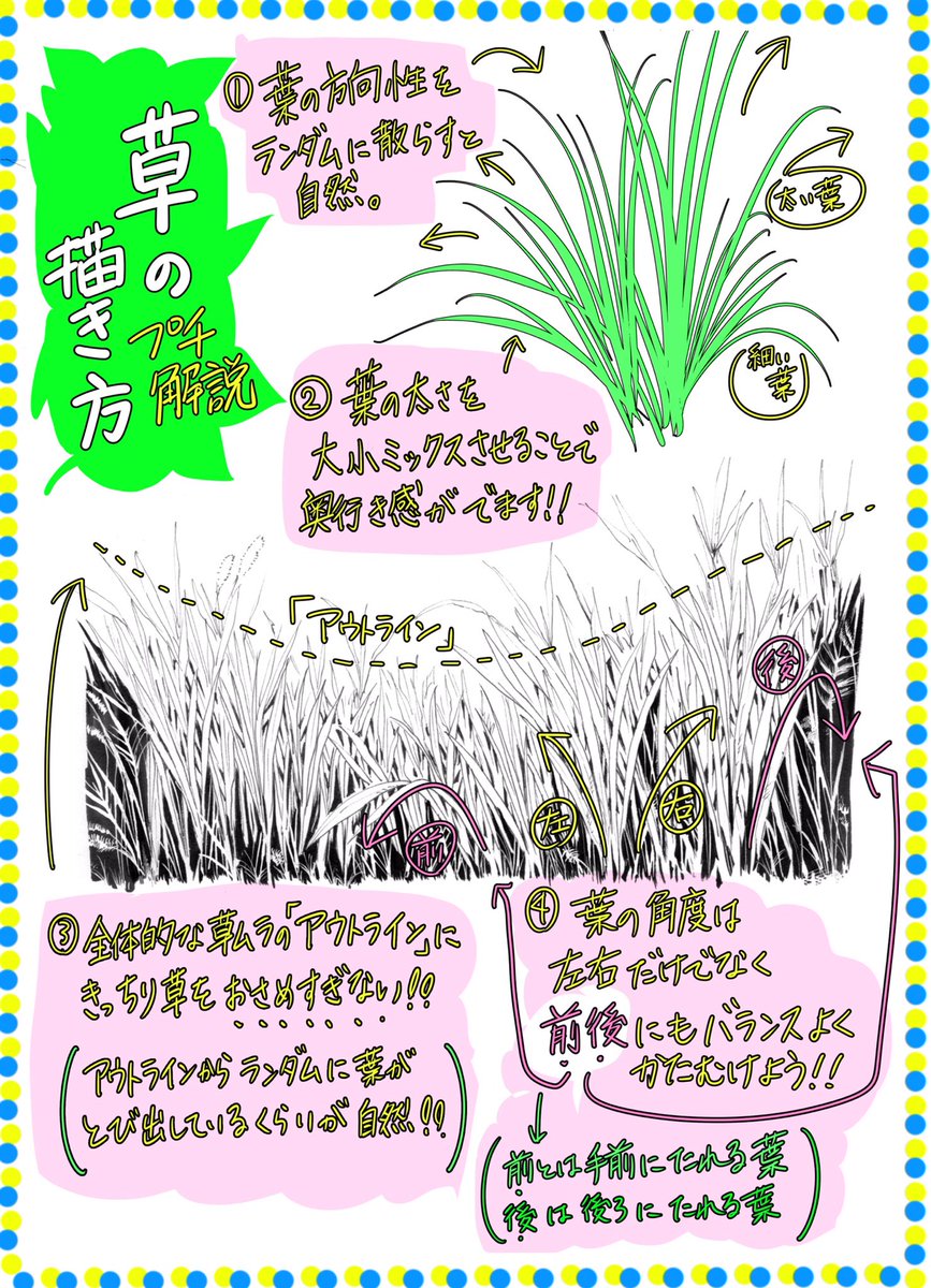 吉村拓也 イラスト講座 雑にならない 草原の描き方 500rt 1400イイね ありがとうございます 草 のプチ解説イラスト 描きましたのでよろしければどうぞ