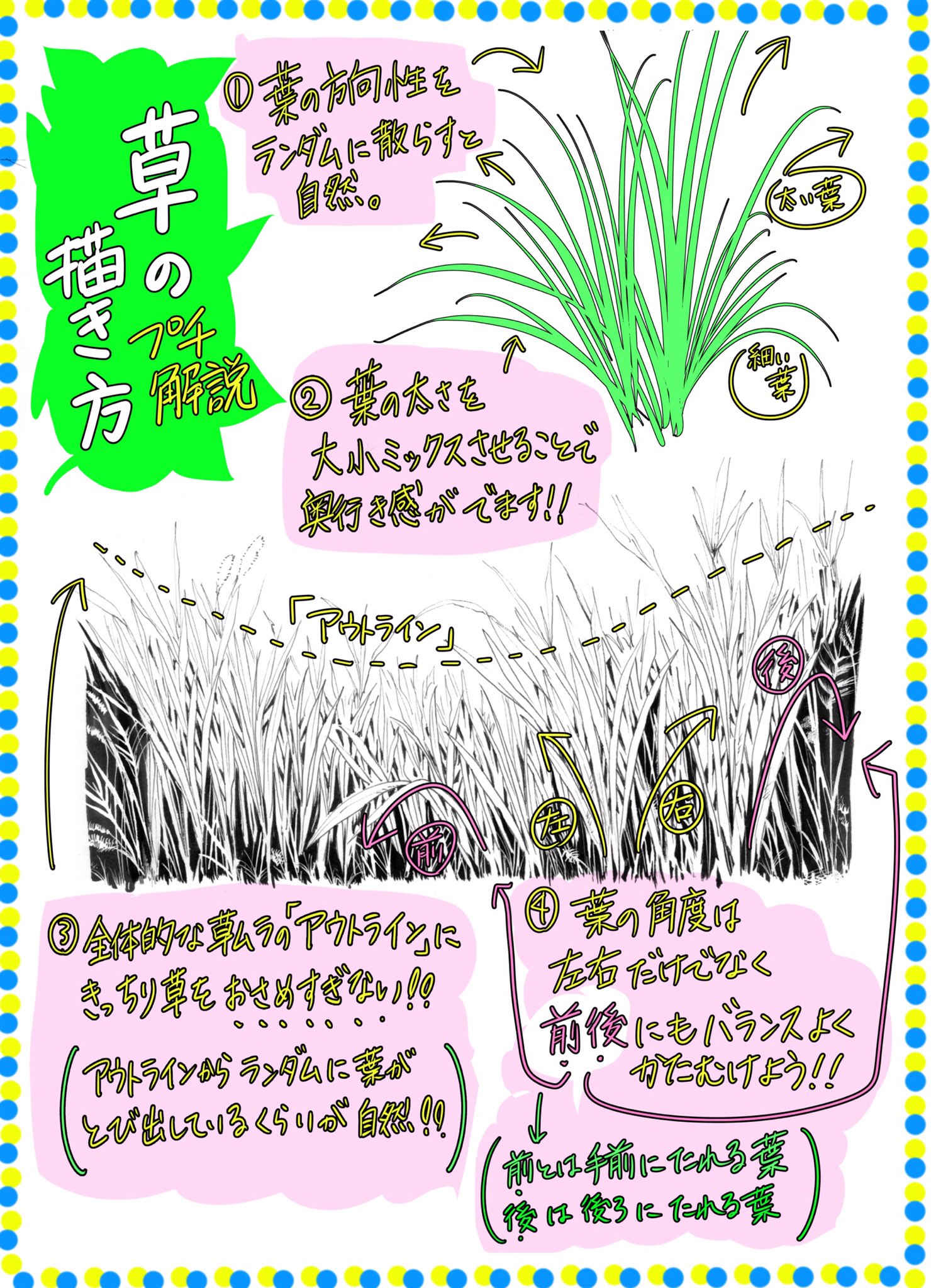 吉村拓也 イラスト講座 雑にならない 草原の描き方 500rt 1400イイね ありがとうございます 草 のプチ解説イラスト 描きましたのでよろしければどうぞ T Co D6jvv12h3w Twitter
