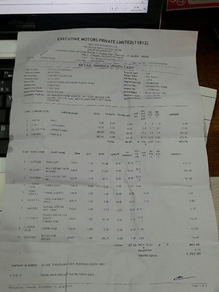 faithprime's tweet image. This is the bill they have charged me...  And my bike&apos;s gone worse.  Fraud service centre. #Bajaj  #pulsar200rs #consumercourt
