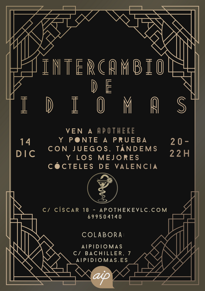 apothekevlc's tweet photo. ¡Mañana en el primer #speakeasy de #Valencia ven a poner a pruebas tus habilidades junto con #aipidiomas y demuestra lo que sabes! #apotheke https://t.co/268jeO9XC4