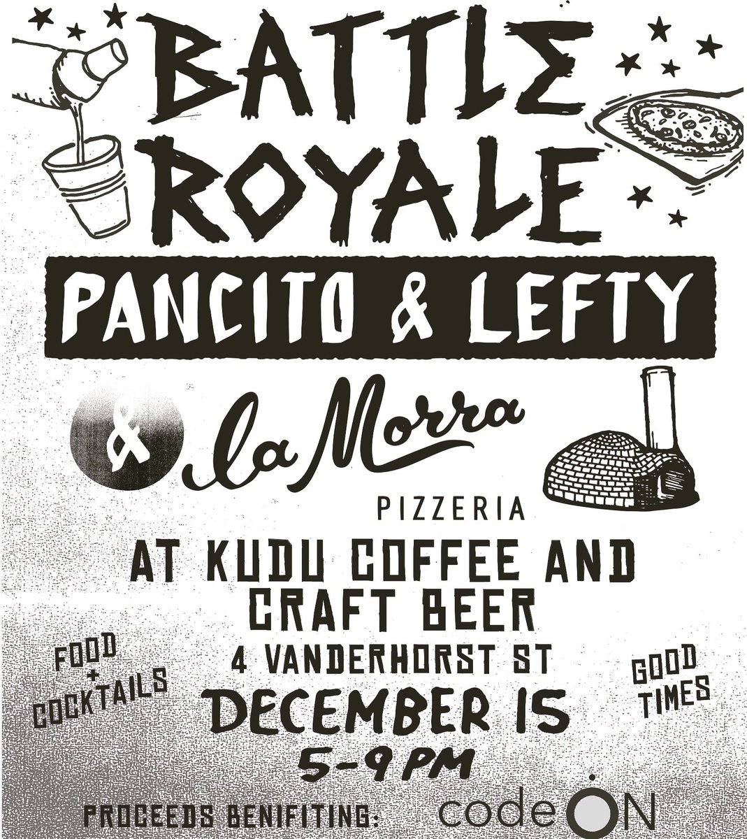 Thursday night At <a href="/KuduCHS/">Kudu</a> we're getting real with @LaMorraPizzeria in a Mexican Italian 'Mash-Up'! Portion of proceeds benefit 'Code-On'!