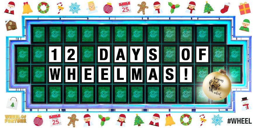 WheelofFortune's tweet photo. Happy 2nd day of #Wheelmas! Play today's #puzzles at 10am PT &amp; 4:30pm PT for more chances to win $25 of Wheel gear! https://t.co/Ybn53ArGSZ https://t.co/TiR255nzOb