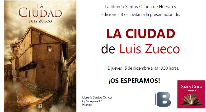 Este jueves, en la librería <a href="/SANTOSOCHOAHU/">Santos Ochoa Huesca</a> #Huesca, <a href="/luiszueco/">🏰 Luis Zueco 📚</a> presenta LA CIUDAD. ¿Te apuntas?