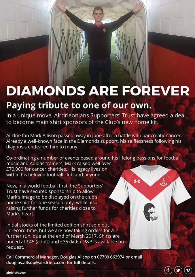 Airdrieonians Trust (@airdrietrust) on Twitter photo Show your support for Mark, retweet and spread his remarkable story. Orders being taken now for the strip. <a href="/AirdrieoniansFC/">Airdrieonians FC</a> #DiamondMark Show your support for Mark, retweet and spread his remarkable story. Orders being taken now for the strip. <a href="/AirdrieoniansFC/">Airdrieonians FC</a> #DiamondMark