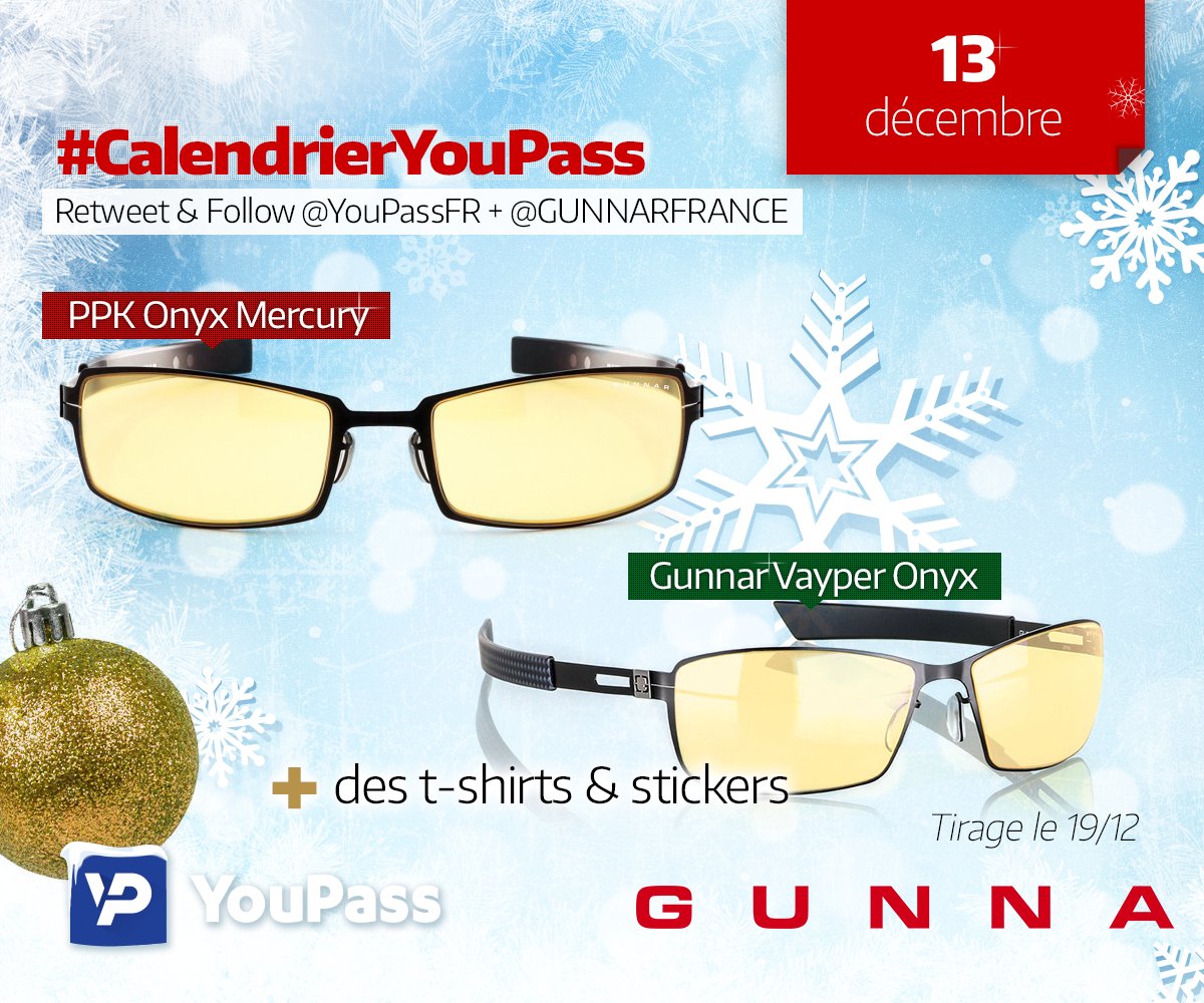 YouPassFR's tweet image. #CalendrierYouPass
Tente de gagner une de ces paires ! 😎 
(+ T-shirts &amp;amp; stickers) 

RT + Follow @YouPassFR + @GUNNARFRANCE !

TAS le 19/12