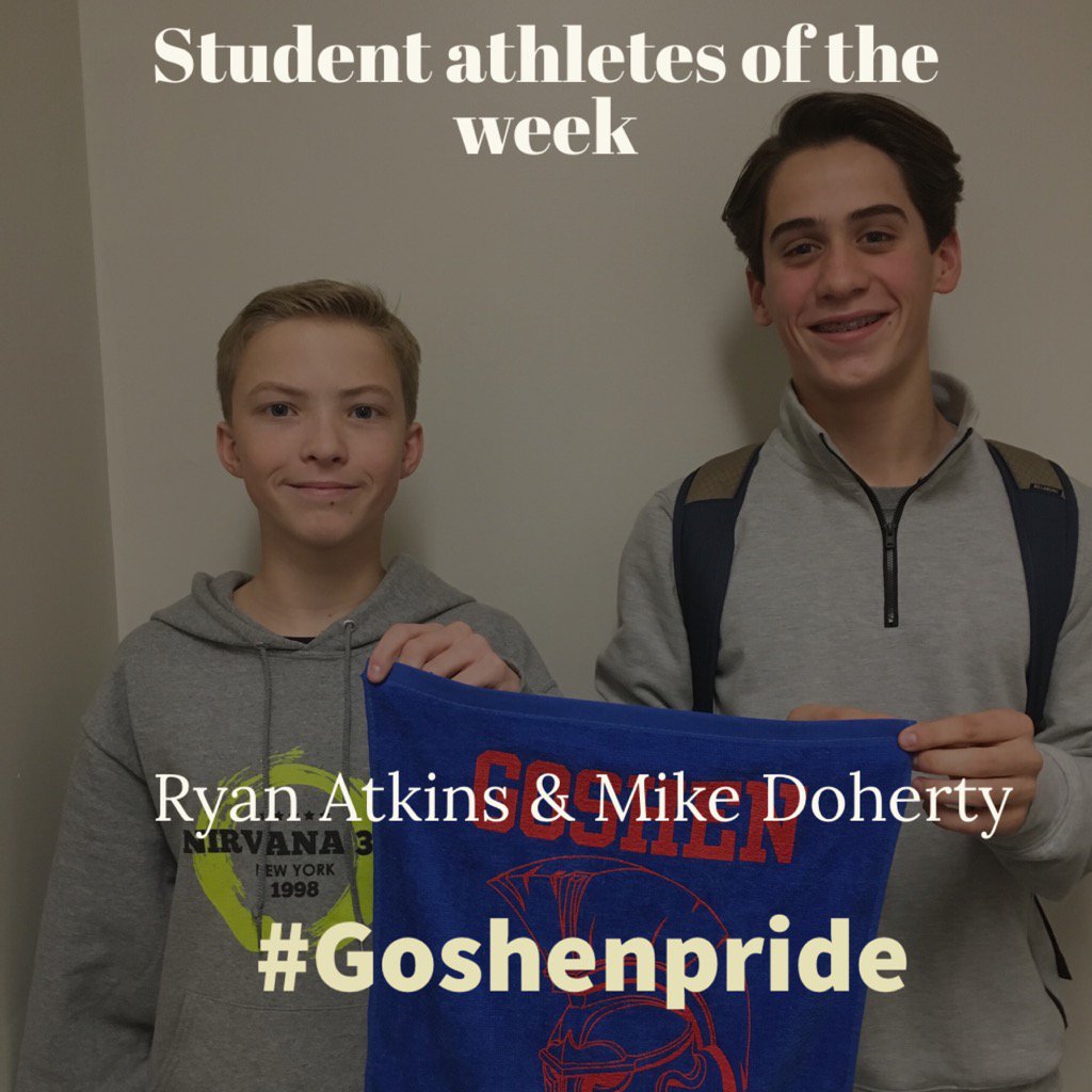 Swimmers Ryan Atkins and Mike Doherty are named student-athletes of the week! <a href="/GHSVarsitySwim/">Goshen Swimming</a> #Goshenpride