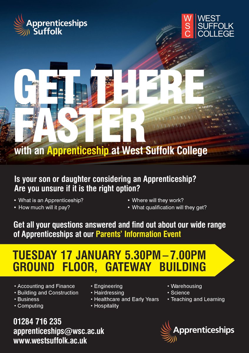 WestSuffolk's tweet image. Get there faster with an #Apprenticeship @WestSuffolk. Come to our info event on Tuesday 17 January, 5.30-7pm at IP33 3RL @AppsinSuffolk