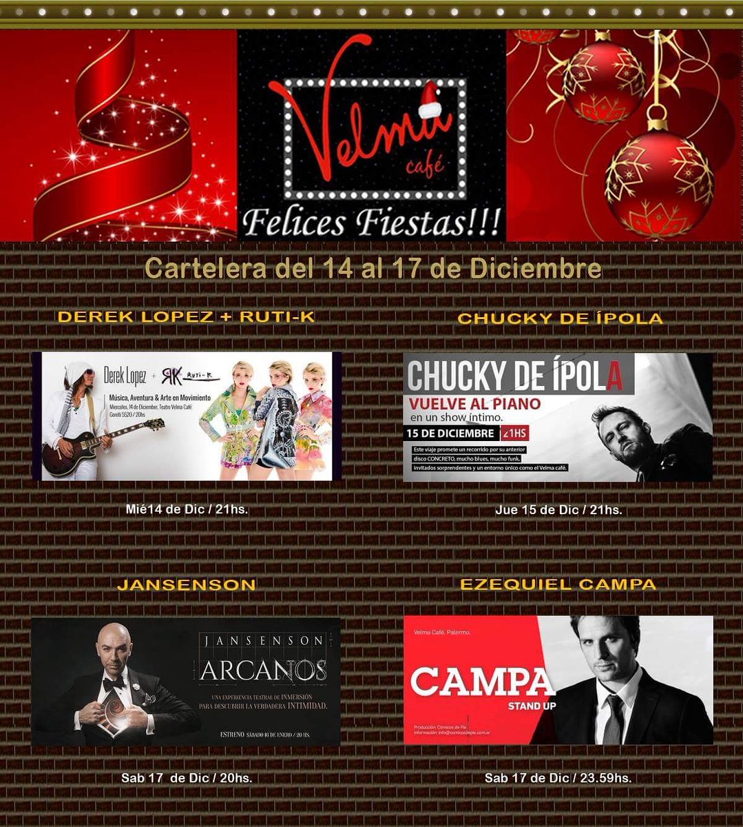 #Agenda del 14 al 17 de Diciembre!  #LoMejorDelHumor #Musica  #StandUp #Magia #FelicesFiestas #UltimosShowsdelAño
velmacafe.com.ar