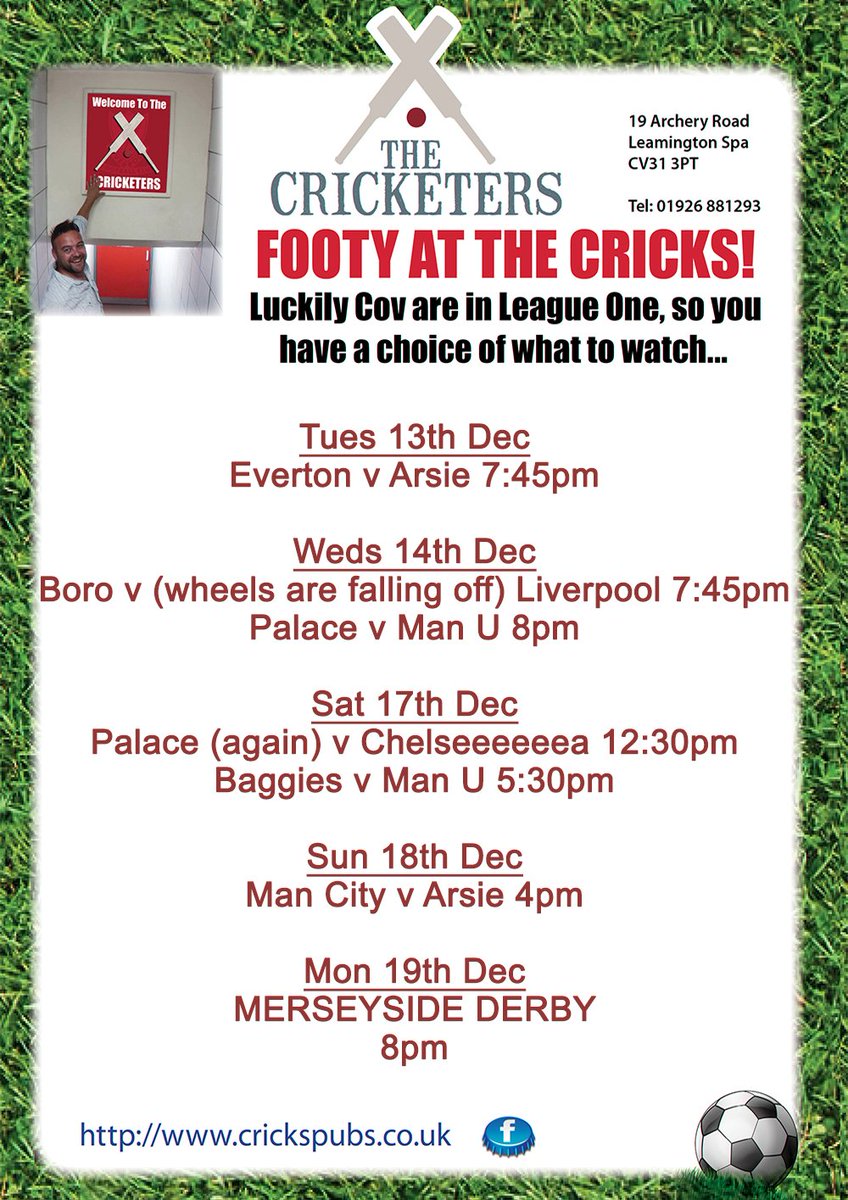 Cricketersleam's tweet photo. More footy than you can shake a Christmas Tree at... #Loveleam #Leamington #Cricketers https://t.co/ka9HaX1s90