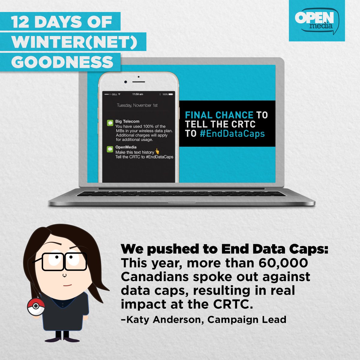 OpenMediaOrg's tweet photo. Today in our 12 days of WINter(Net) Goodness series: that time we  pushed to #EndDataCaps at the #CRTC hearings on #DiffPricing! #cdnpoli https://t.co/vut86eiSLz