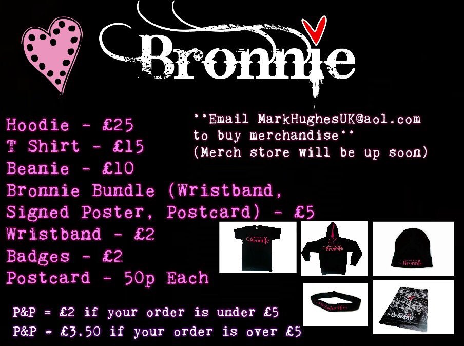 BronnieMusic's tweet image. Wanting Bronnie Merch for Christmas? 🎅🏼 The last date to order merch is this Sunday! (18th Dec)
To buy merch, email MarkHughesuk@aol.com 🤘🏼