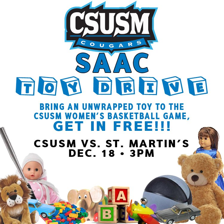 CSUSMcougars's tweet image. Support @CSUSM_WBB and SAAC by bringing a new, unwrapped toy to this SUNDAY&apos;S game and get in FREE! #CSUSM #CSUSMCougars #CSUSMHoops