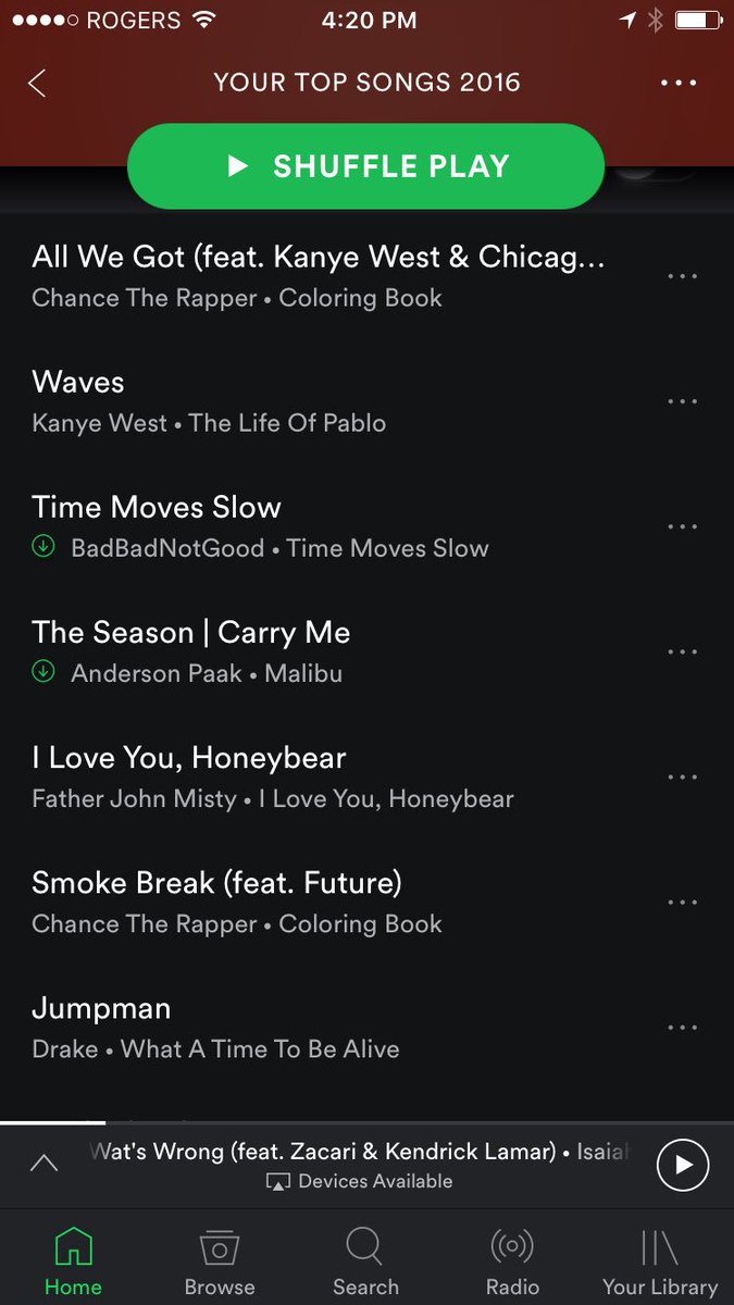 GeoffHenshaw's tweet photo. Great year for music! #myspotify2016 #chancetherapper #kanyewest #samherring #andersonpaak #fatherjohnmisty https://t.co/QgMI5hyLKQ