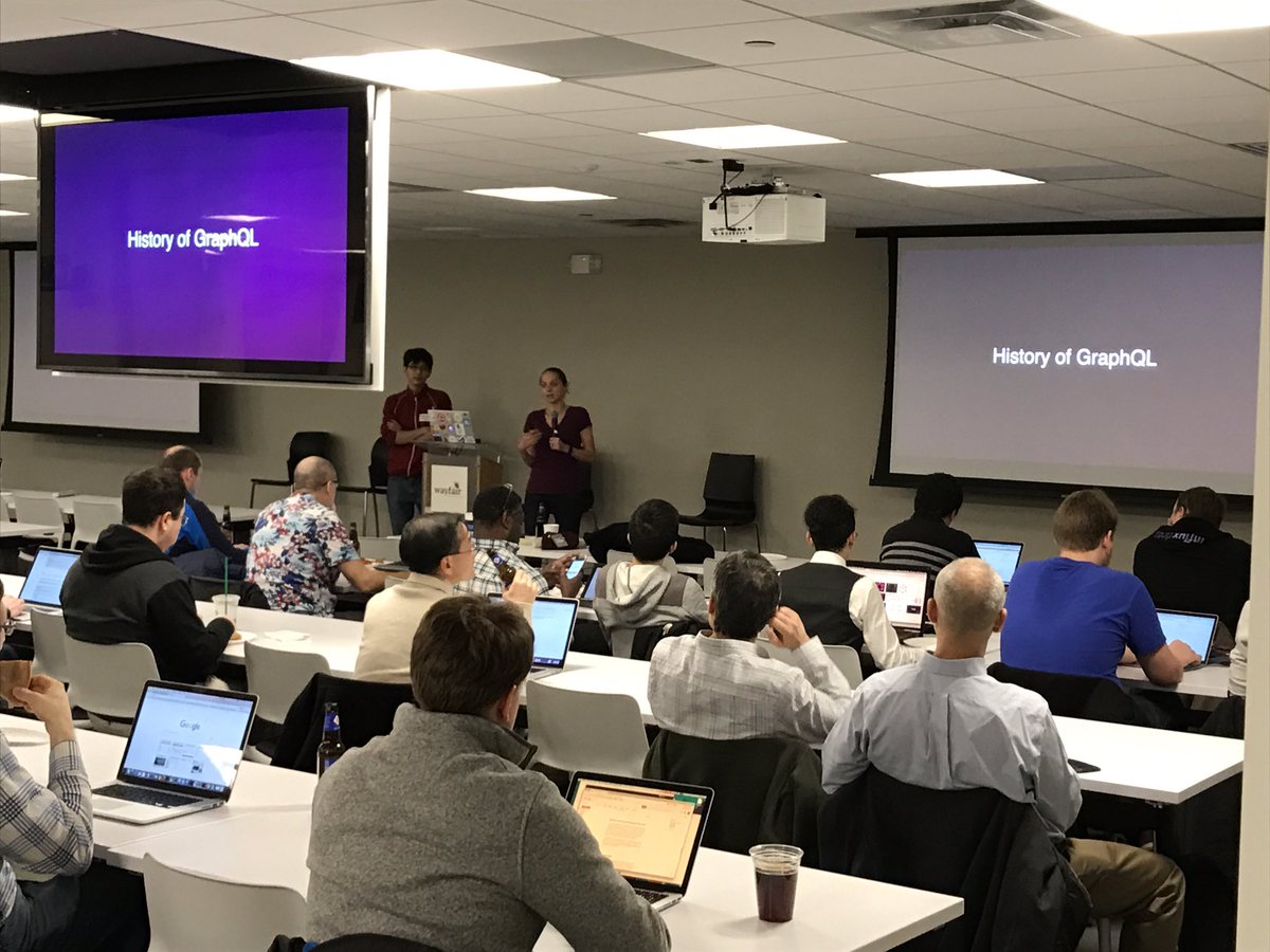 AndrewRota's tweet image. And the @BostonReactJS #GraphQL workshop begins, led by @laneykuenzel and @rbzhu! #reactjs @WayfairEng