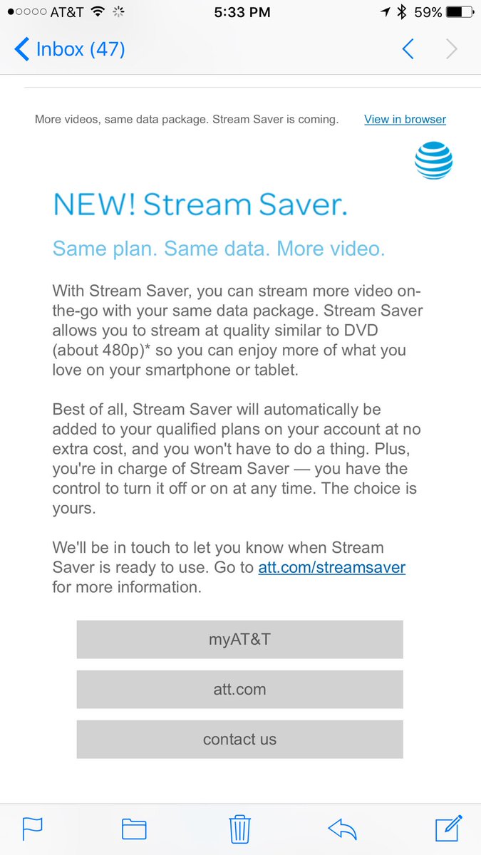 iGoByDoc's tweet photo. Wow @ATT, copy @TMobile much? #StreamSaver? Such innovation. I'm coming soon to you @TMobile, soon. https://t.co/TyLcls5JRk