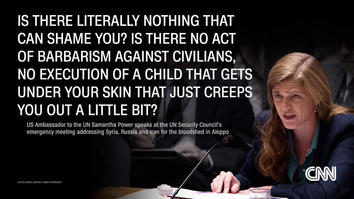 CNN's tweet image. At the UN Security Council's emergency meeting, the US Ambassador to the UN addresses Syria, Russia and Iran cnn.it/2gXY9sW #Aleppo