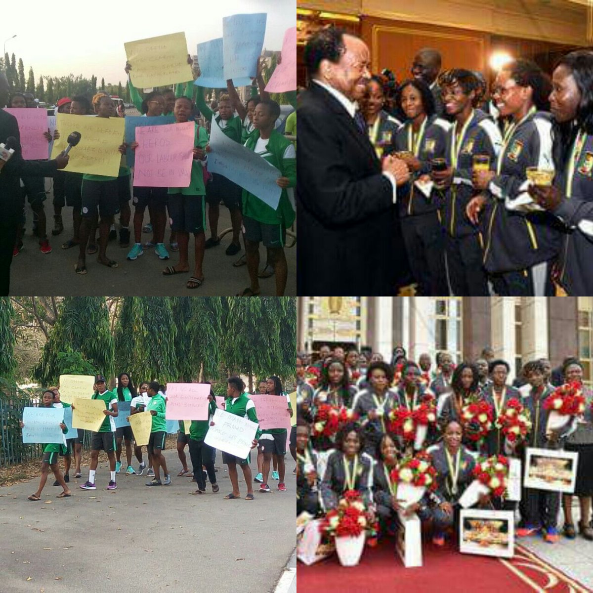 bedjosessien's tweet image. Irony of football in Africa Nigeria the champions of AWCON 2016 in the streets of Abuja protesting no pay Cameroon get lavish reception