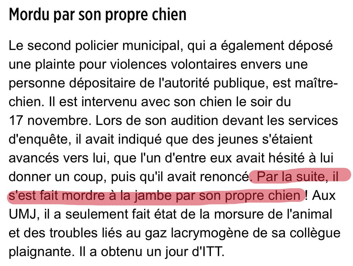 widadk's tweet photo. Parmi les policiers qui ont porté plainte, l'une s'est blessée avec sa bombe lacrymo, l'autre s'est fait mordre par son propre chien https://t.co/dmSa9g9l53