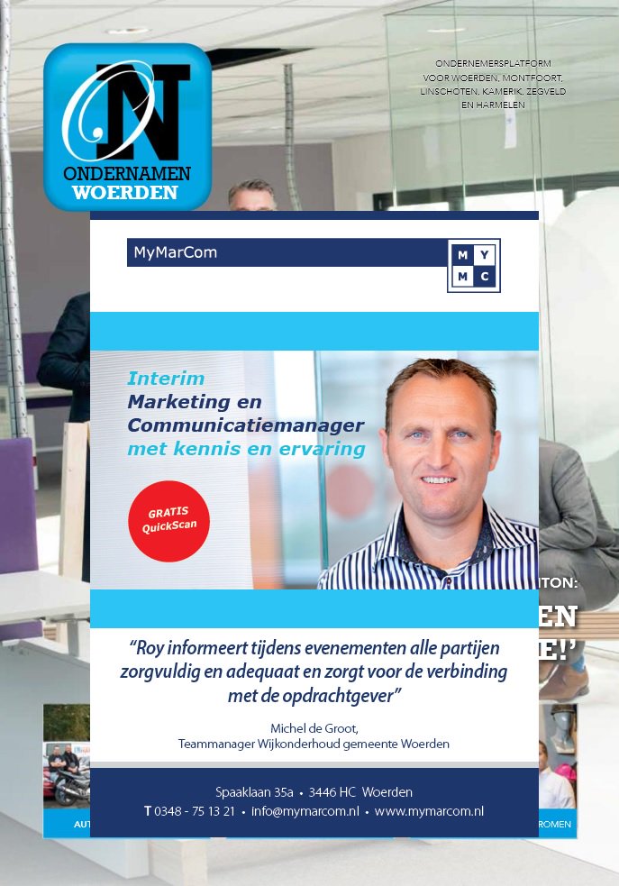 MyMarCom's tweet photo. Bij het doorbladeren van de december editie van het @ondernamenwoerd magazine, komt AL op pag.3 de nieuwe @MyMarCom advertentie tegen. @top https://t.co/WuLHLKoiDo