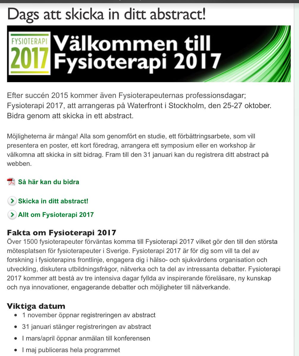 CSWahlin's tweet image. Ja, dags att skicka in abstract till #fysioterapi2017 @cchruzander @BRsblad @StefanJutterdal @HelenaPepa @fysioswe fysioterapeuterna.se/Om-forbundet/n…
