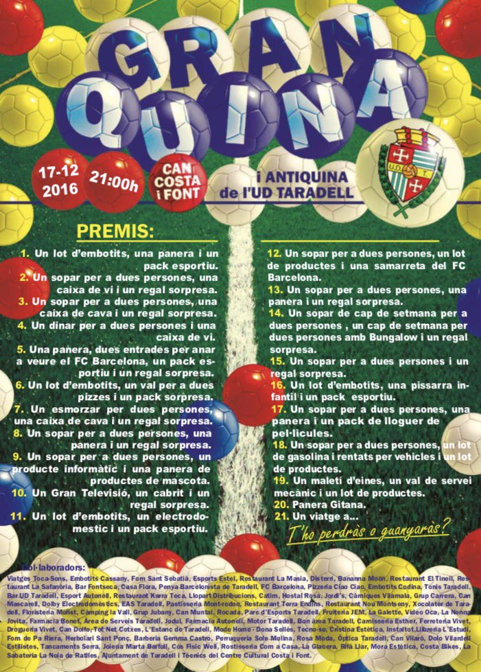 udtaradell's tweet photo. Dissabte, vine a la Quina i l'Antiquina amb una gran quantitat de premis. A les 9 del vespre al Centre Cultural Costa i Font. #taradell https://t.co/dFww1th6lY