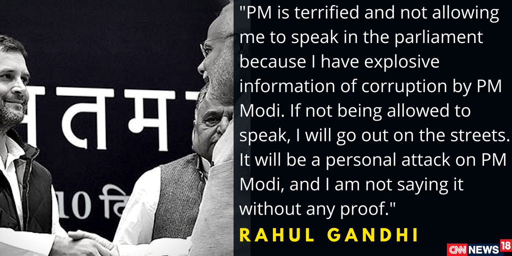 CNNnews18's tweet photo. .@OfficeOfRG sharpens attack on PM,says 'If not being allowed to speak,will go out on streets. Have info against PM's corruption with proof' https://t.co/YNYXXHs8rM