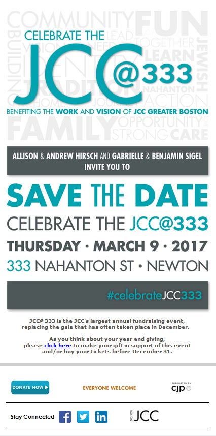 SAVE THE DATE - Celebrate the @BostonJCC with us this coming year at JCC@333 on March 9th. #celebrateJCC333 @JewishBoston @CJPBoston