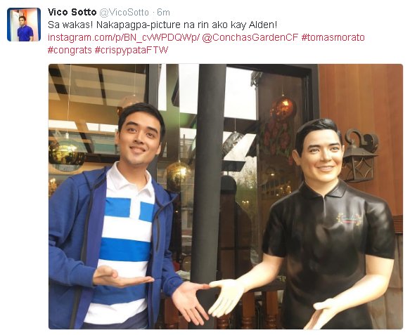 mcufabian's tweet photo. O, paano ba yan VicoMaine Shippers, ang supportive ni Vico kay Alden! Baka ibash nyo na idol nyo nyan. Hahaha! Thanks Vico! #ALDUBTwinsFever https://t.co/yiDrU5jCjQ