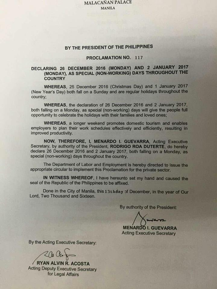 RedFoxPH_'s tweet photo. ATTENTION:
Proclamation No. 117
Declaring December 26,2016 and January 2,2017 as special (non-working) days throughout the country! 🎅
#RBF01 https://t.co/w09pCRUtoS