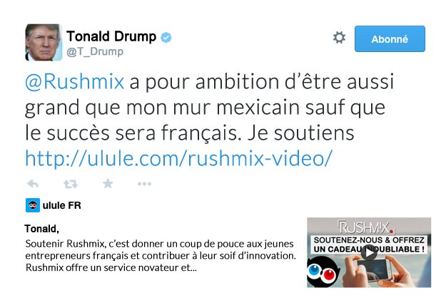 Une personnalité de poids soutient <a href="/RushmixCom/">Rushmix.com</a> ! Plus qu'une semaine pour participer et rejoindre l'aventure => rushmix.com/ulule
