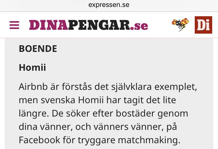 MohamedHamid_'s tweet photo. @Expressen: "Svenska Homii tar det lite längre" - än självaste Airbnb! 😀 #homii #sthlmtech https://t.co/ZqxXT7soYI
