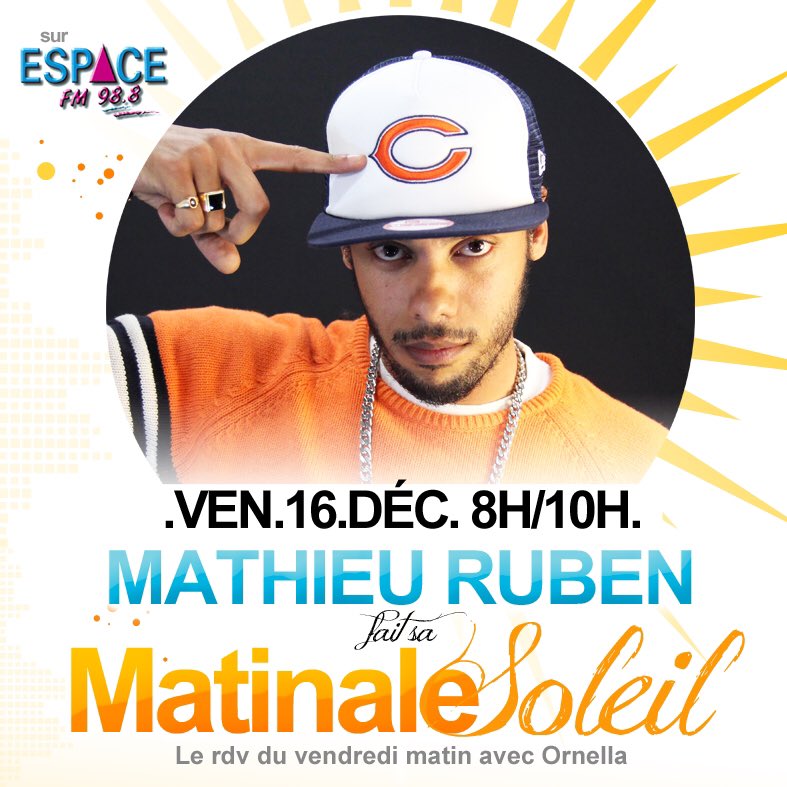 teamsoleil988's tweet photo. @mathieuruben au rdv ce vendredi pour #lamatinalesoleil avec @OrnellaEspaceFm sur @Espacefm988 https://t.co/Nxrgj77ywW